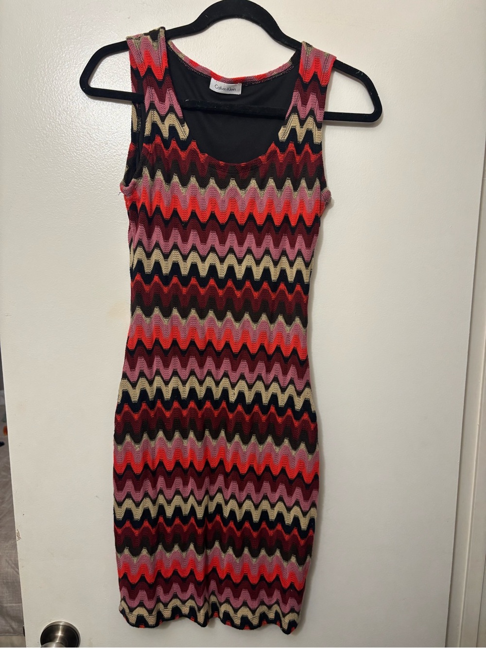 Calvin Klein Multicolor Zigzag Knit Mini Dress in Red, Pink, Black & Cream
